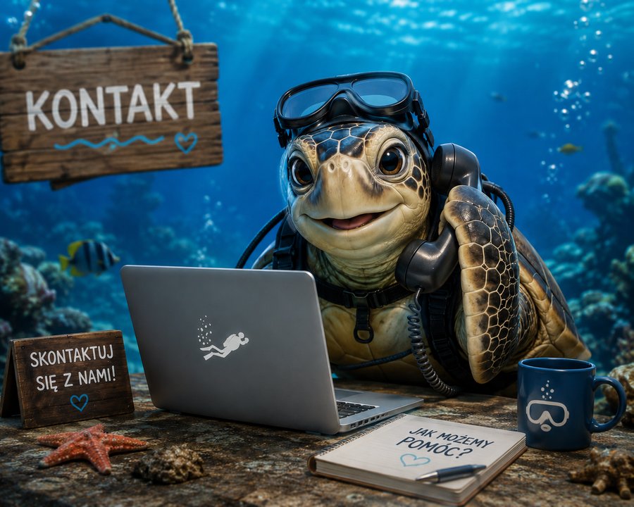 Żółw w masce nurkowej przy biurku pod wodą — ilustracja kontaktowa No Pressure Diving